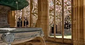 Anschnitt eines dreischaligen Brunnens. Aus n tierischen Wasserspeiern läuft Wasser. Rechts ein Blick aus dem Brunnenhaus hinaus zum lila blühenden Magnolienbaum